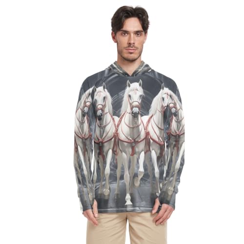 Rash Guard Homme Manches Longues T-Shirt Col Rond Chevaux Blancs Anti-UV UPF 50+