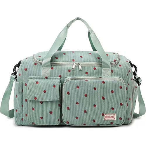 Corduroy Strawberry Duffel Bag with Wet Pockect & Shoe Compartment, Carry-on Tote Crossbody Bag for Women