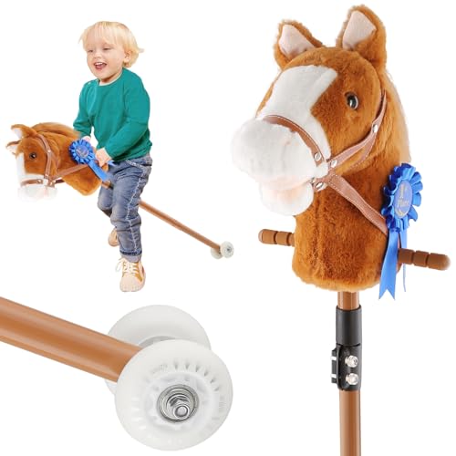 Greeily Stick Pony, Stick Horse for Kids Plush Handcrafted Pony Stick Horse Real Pony Neighing and Galloping Sound Sturdy Metal Pole with Lighting Wheels Sponge Grip (Brown)