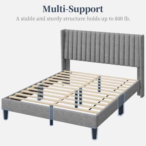 Image of Yaheetech Queen Bed Frame with Headboard,Light Gray Channel-Tufted Platform