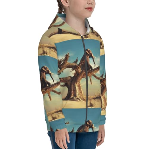 Elephant on dry tree Kids Pullover Hoodies Boys Zip Up Sweatshirts Girls Athletic Clothes with Pocket4