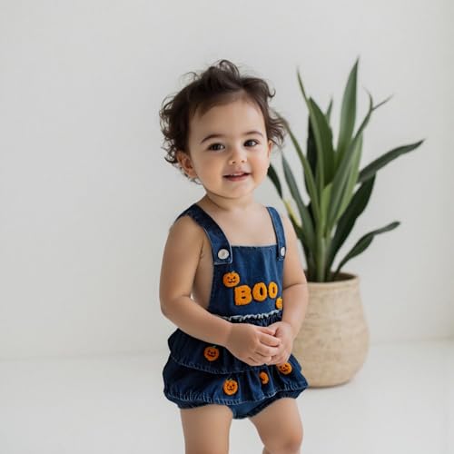 Newborm Baby Girl Halloween Outfit Jeans Denim Romper Pumpkin Ghost Embroidered Ruffle Overall Jumpsuit Fall Clothes2
