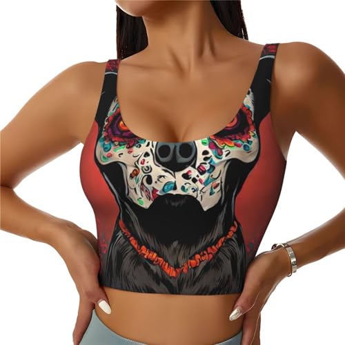 Women Girls Yoga Bras U-Shaped Back Comfortable Sweat Vest with Pads Elastic Sportswear for Gym Fitness, for Day Dead Dog Sugar Skull Flower Art