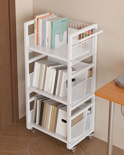 UMDONX Heavy-Duty Double-Sided Book Cart with Silent Wheels and 3 Magnetic Book Shelves Rolling Book Shelf Library Book Cart Suitable for Home Office or School White