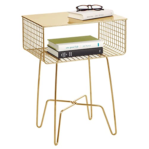 Mdesign Steel Side Table Nightstand With Storage Shelf Basket For Bedroom, Living Room, Home Office; Rustic Bedside End Table, Industrial Modern Accent Furniture - Concerto Collection - Soft Brass #TOP19