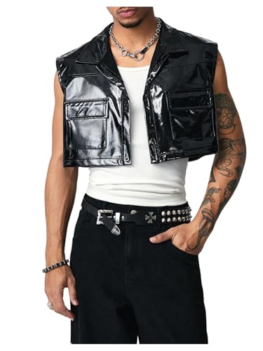 BEAUDRM Men's PU Leather Crop Jacket Vest Flap Pocket Cargo Vest Button Down Waistcoat Jacket Rave Clubwear Black Medium