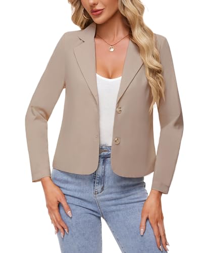 MINTLIMIT Womens Linen Blazers Casual Summer Long Sleeve Button Front Blazer Classic Lapel Collar Work Office Cardigan Suit Jacket,Khaki,S