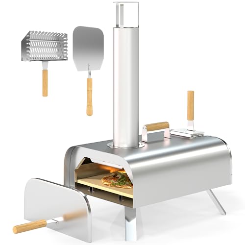Outsunny Mini Horno de Pizza Exterior Portátil, Horno de Leña de Acero Inoxidable con Piedra Refractaria, Pala, Termómetro, Mangos de Madera y Patas Plegables, para Terraza, Jardín, Patio, Camping