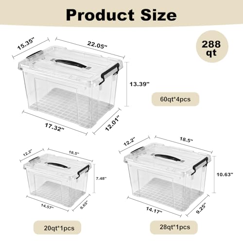 Image of 6 Pack Clear Storage Bins with Lids, 288 QT (4 Pack-60 QT, 1 Pack-28 QT, 1 Pack-20 QT) Stackable Plastic Organizer for Home, Office, Garage, BPA-Free, Heavy-Duty with Secure Latches & Handles