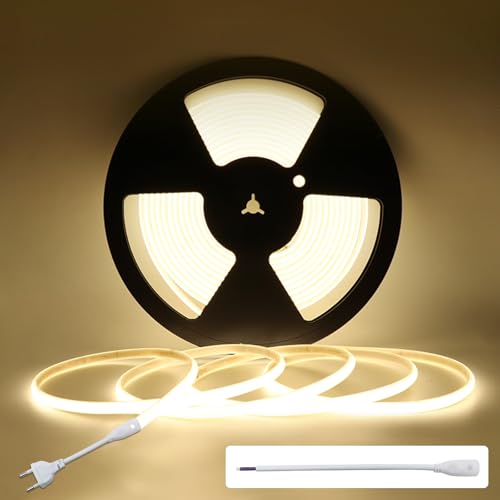 Bandeau LED COB 220V 10 Mètres Blanc Naturel 4000K, Ruban LED Haute Luminosité sans Point Pointillé, Gaine PVC Silicone Flexible, IP67 Étanche pour Jardin et Façade, Luminaire Intérieur et Extérieur