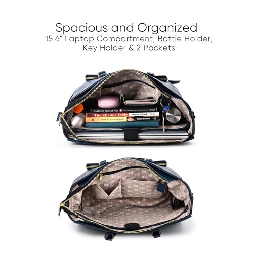 JUNO Women’s Work & Travel Tote Bag 15.6 Inch Laptop Bag, Multipurpose Office Bag with Lunch Box Compartment, Spacious & Stylish Vegan Leather Handbag, Detachable Shoulder Strap | Medium, Blue4