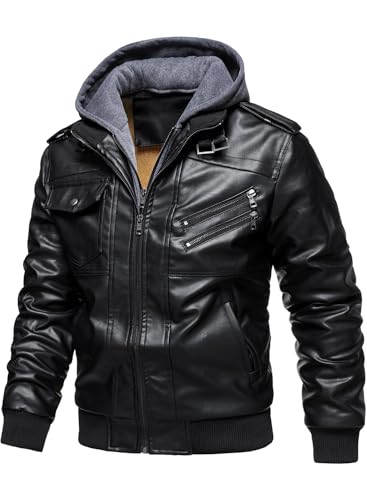 Image of HOOD CREW Men's Casual Stand Collar PU Faux Leather Zip-Up Motorcycle Bomber Jacket With a Removable Hood