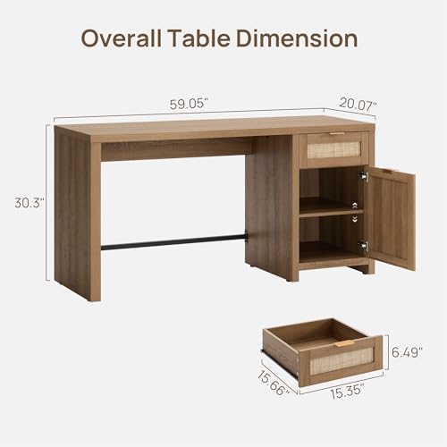 Image of SICOTAS Executive Desk with Large Cabinet, Drawer, Rattan Home Office Desk | 59 inch Boho Farmhouse Computer Table Vanity Desk for Home Office, Study, Living Room, Dining Room