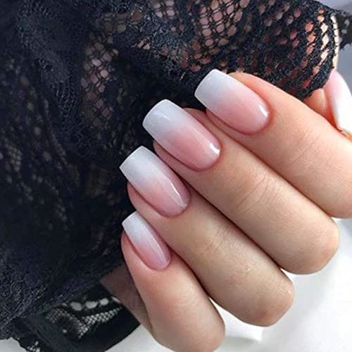Votacos French Tip Press On Nails Short Square Fake Nails Ombre Nude False Nails With Gradient Design Glossy Stick On Nails For Women #TOP12