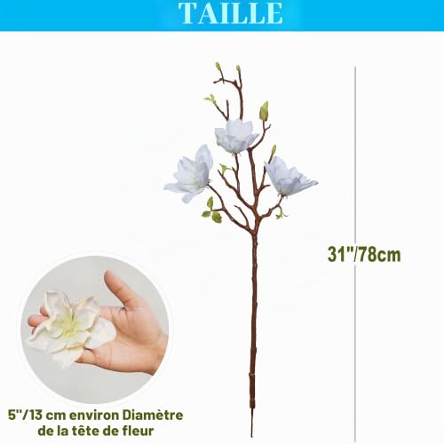 cn-Knight Lot de 3 branches de magnolia artificielles de 78,7 cm de long, fausses fleurs de qualité supérieure pour décoration d'intérieur, centres de table et arrangements de mariage, blanc – vue 2