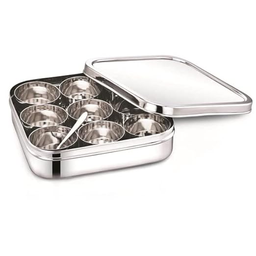 DiBha Stainless Steel Square Shape Masala Box Masala Dabba with Nine