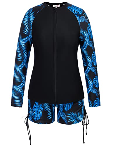Kimcurvy Women's Adult Swim Shirt Rash Guard For Women Plus Size Swim Shirts Blue Leaf 18W #TOP6