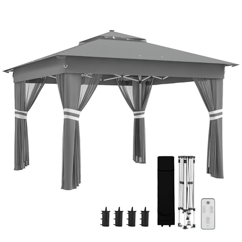 Outsunny Carpa Plegable 3x3 m Cenador de Jardín con Luces LED Solares Techo Doble 4 Mosquiteras Altura Regulable Control Remoto y Bolsa de Transporte para Terraza Patio Fiestas Gris Oscuro