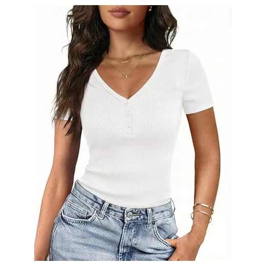 Gyabnw Damen Kurzarm T Shirt mit V Ausschnitt und Henley Knopfleiste Slim Fit Stretch Stoff Elegantes Basic Shirt für den Sommer