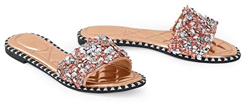 Image of shelikes Women’s Diamante Flat Sandals Sparkly Open Toe Slip On Summer Slider for Beach Party Holiday & Casual Wear