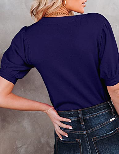 Image of Womens Puff Short Sleeve Sweater Tops Crewneck Basic Knit Pullover Lightweight Casual Sweaters