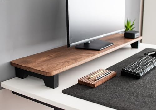 carpentray Wooden Computer Long Monitor Stand, Monitor Riser Desk Shelf Desktop Legs Stand TV Laptop Riser with Keyboard Storage Desk (Walnut Finish)...