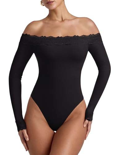 REORIA Women's Sexy Off The Shoulder Long Sleeve Bodysuit Double Lined Layering Lace Body Suits Going Out Tops Fall Outfit 2025 Black Onyx Small