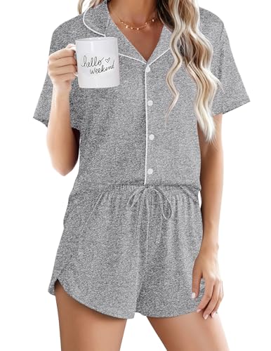 Image of Ekouaer Pajamas for Women Set Button Up Sleepwear 2 Piece Pjs Lounge Set Short Sleeve Nightwear