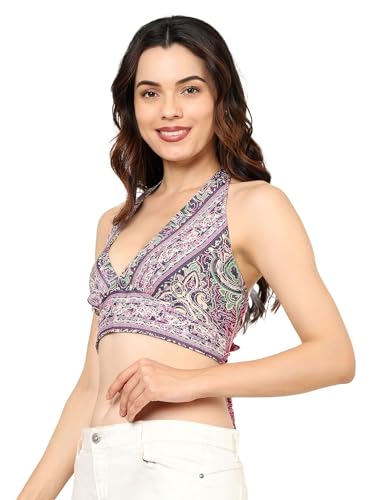 Image of KE KANHA EXPORTS Halter Neck Wrap Top|top for Women|Backless Tops for Women|Halter Neck Tops|Adjustable wrap Waist|Boho Beach Border Print|Easily fits S-M|Bust30-36Inch|LengthUpTo 18Inch