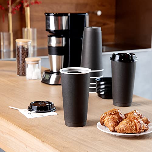 Image of Restaurantware 20-Ounce Disposable Cups, Pack of 250 Insulated Double Wall Paper Cups a€ inch Lids Sold Separately, Leakproof, Black Paper Rolled Rim Hot Beverage Cups, Ideal for Coffee, Tea and More