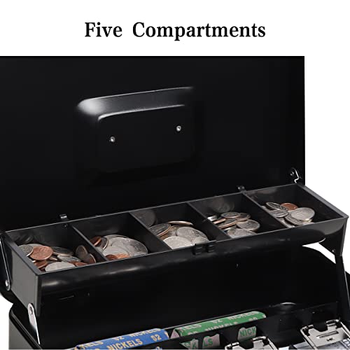 Cash Box With Money Tray And Key Lock, Parrency Large Money Box, 5 Compartments With Cover For Cions & 4 Spring-Loaded Clips For Bills, 11 4/5" X 9 2/5" X 3 1/2",Black #TOP3
