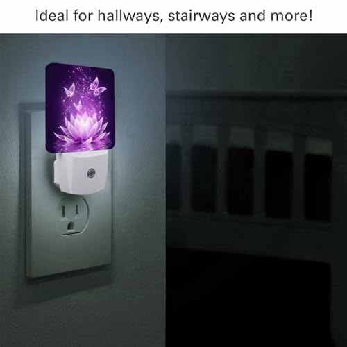 Image of LED Night Light,Purple Lotus Flower Butterfly LED Night Light Plug into Wall with Dusk to Dawn Light Sensor White Energy Efficient Nightlight for Bedroom Bathroom Hallway Living Room Kitchen