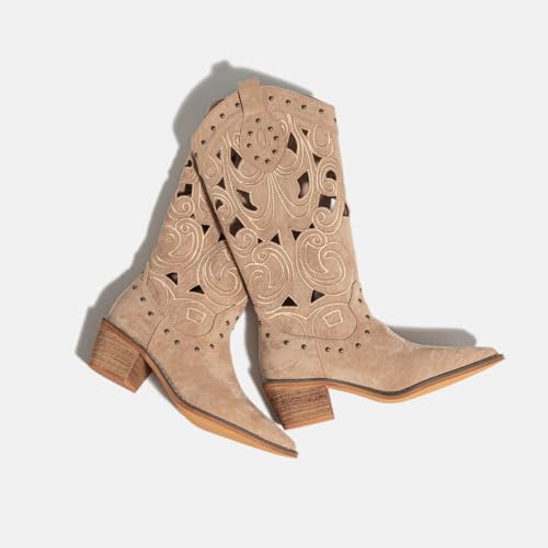 Women's Suede Hollow Out Western Boots Pointed Toe Block Heel Embroidered Cowboy Boot Studded Mid-Calf Boot for Women2