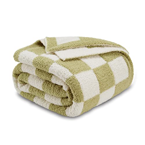 Image of CozeCube Sage Green White Reversible Checkered Knit Throw Blanket 50 inchx60 inch