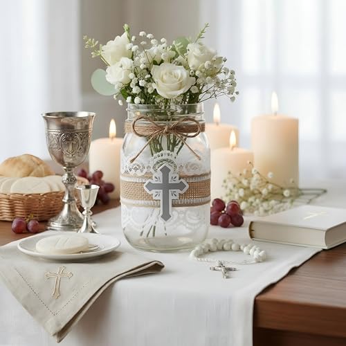 Remerry Baptism 12 Packs Cross Mason Jar Table Centerpieces with Lace Burlap for Baptism First Communion Tabletop Mason Jar Vases Religious Christening Wedding Party Decorations