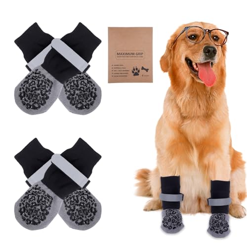 4 Stück Hundesocken Anti Rutsch, Antirutschsocken Hund, Hunde Socken Antirutsch, Hundesocken Leckschutz, Leckschutz Pfotenschutz Hund, Verstellbarem Klettverschluss, für Innen- und Außeneinsatz(XL)