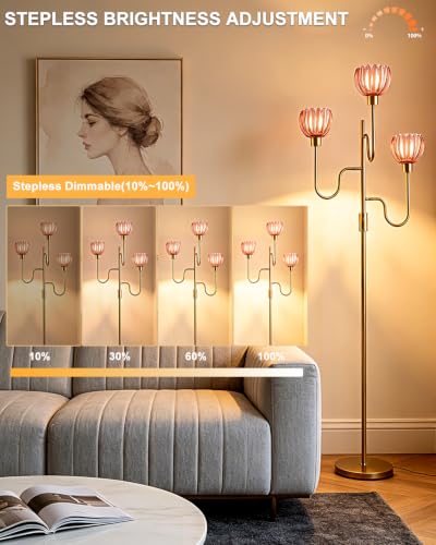 Image of 3-Light Red Tulip Glass Floor Lamp, Dimmable Standing Floor Lamp with 3 Bulbs Included, 3000K Warm White Gold Tall Floor Lamp for Living Room Bedroom Sofa Corner, Modern Romantic Reading Floor Lamp