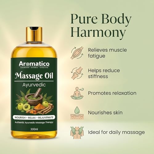 Image of AROMATICO Ayurvedic Massage Oil - Herbal Massage Oil with Traditional Ayurvedic Herbs, Almond & Sesame for Muscle Relaxing, Stress Relief & Daily Abhyanga | 300ml