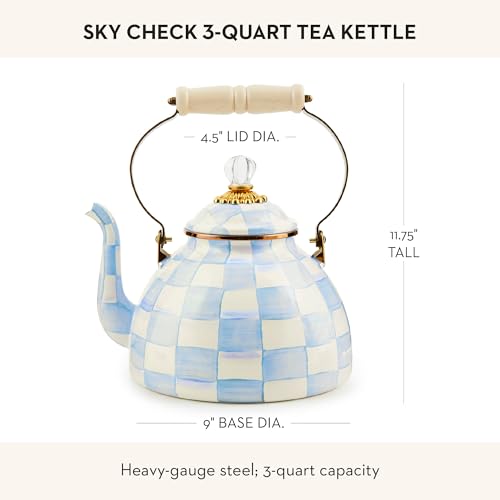 Image of MACKENZIE-CHILDS Tea Kettle, 3 Quarts, Light-Blue-and-White Sky Check