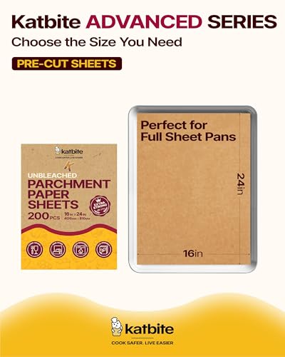 Image of Katbite Parchment Paper Sheets Heavy Duty, 16x24 Inches 200 PCS Precut Baking Parchment, Unbleached, Non-stick, Non-toxic, Extra Strong, Flat Baking Paper for Oven, Cooking, Grilling, Air Fryer