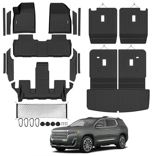 Tongama-Floor Mats for 2017-2023 GMC Acadia 6 Seat with Bucket Seats All Weather TPE Trunk Mat with Backrest Mat & 2nd Row Backrest Mats & Cargo Net & Full Coverage Door Sill Guards Kit