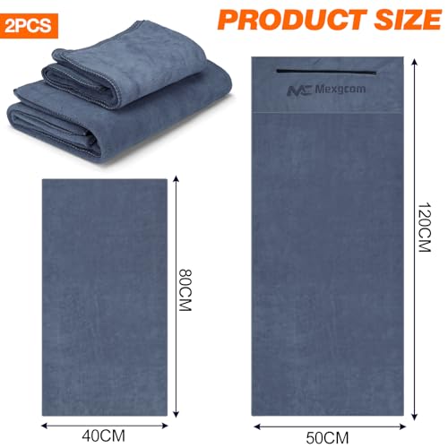 WGIDSKKI 2 Stück Fitness Handtuch, 80x40cm Kleine Sporthandtuch Handtücher mit Reißverschlusstasche + 120x50cm Microfaser Handtüch, Handtücher für Fitnessstudio, Outdoor, Yoga, Training (Grau)