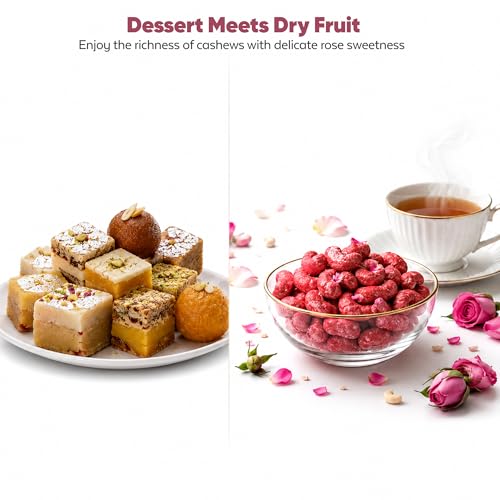Image of DRIYOZ Rosy Crunch Rose Flavoured Cashew Nuts 250g | Premium Crunchy Kaju Coated with Sweet Rose Granules | Gourmet Floral Nut Snack for Gifting, Festivals & Daily Snacking