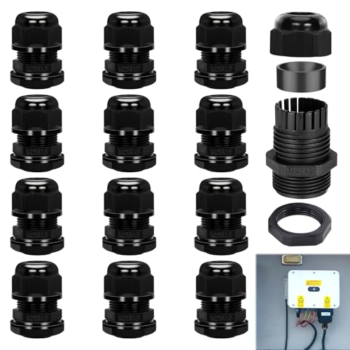 12 PCS M25 Waterproof Cable Gland Connectors, Cable Glands 25mm Set, IP68 Nylon Cable-Glands for 8mm-16mm Cables, Black Threaded Wire Connector Kit with Locknuts for Outdoor Electrical Use