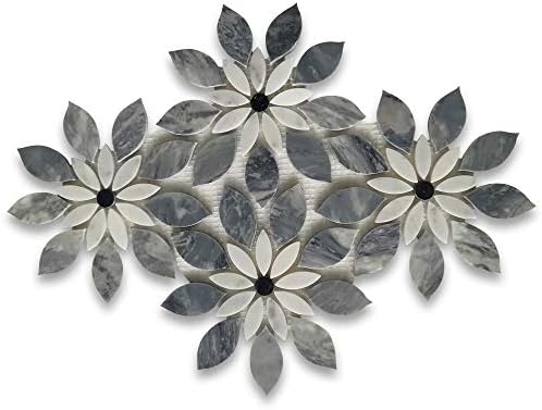 Stone Center Online Bardiglio Gray Marble Wildflower Rain Flower Waterjet Mosaic Tile w/Carrara White & Nero Marquina Black Honed Kitchen Bath Wall Floor Backsplash Shower (1 Sheet)