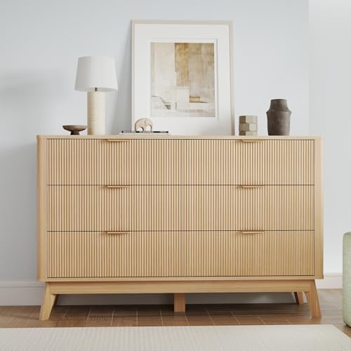 SUNWAVE 6 Drawer Dresser for Bedroom, 49.6" Wide Modern Fluted Dresser with Round Corner, Wood Chest of Drawers for Living Room (Oak)