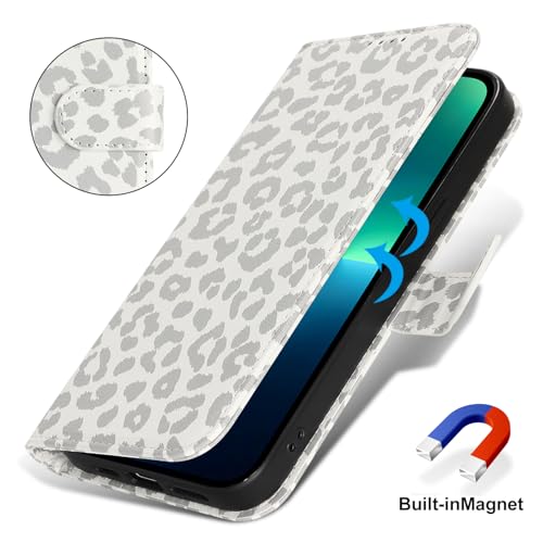 Image of for iPhone 13 Pro Max Case Wallet with Card Holder,for iPhone 12 Pro Max Wallet Case for Women Men,PU Leather Shockproof Magnetic Buckle Stand Flip Phone Case-White Leopard