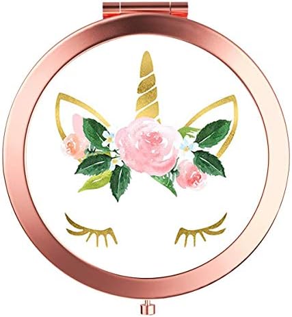 YCKMD Rose Gold Travel Purse Mirror Compact Double Sides 2X & 1x Magnification Hand Mirror Metal Round Bohemian Mirror for Women and Girls-Unicorn