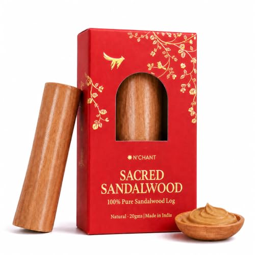 Image of N'CHANT 100% Pure Mysore Sandalwood Log for Face & Skin Care | Original Chandan Stick, Lab Tested | Cooling Ayurvedic Face Pack for Glow & Clear-Looking Skin | Pooja, Tilak & Meditation