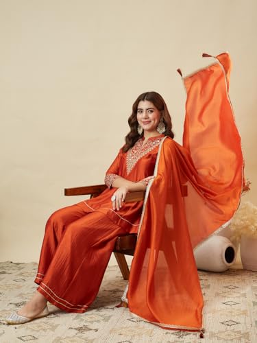 Image of MOKOSH Women's Silk Embroidery Kurta Sharara with Dupatta | Kurta Set | Embroidered |Indian Kurta Outfit with Sharara | 3 Piece Outfit |Straight Ethnic Suit 4 Colour Options Available